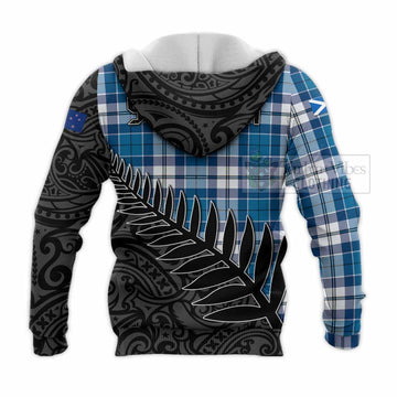 Hutton Crest Tartan Knitted Hoodie with New Zealand Silver Fern Half Style - Tartan Vibes Clothing
