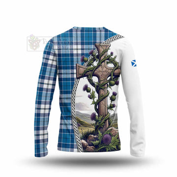 Hutton Tartan Long Sleeve T-Shirt with Family Crest and St. Andrew's Cross Accented by Thistle Vines - Tartan Vibes Clothing