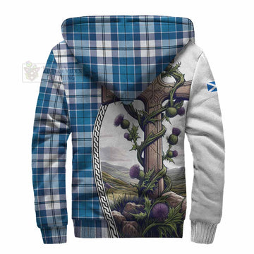 Hutton Tartan Sherpa Hoodie with Family Crest and St. Andrew's Cross Accented by Thistle Vines - Tartan Vibes Clothing