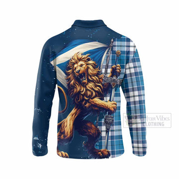 Hutton Tartan Family Crest Long Sleeve Polo Shirt with Scottish Majestic Lion - Tartan Vibes Clothing