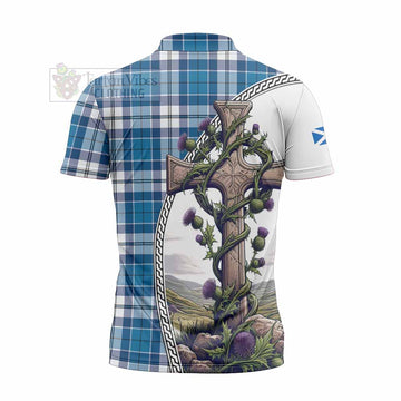 Hutton Tartan Zipper Polo Shirt with Family Crest and St. Andrew's Cross Accented by Thistle Vines