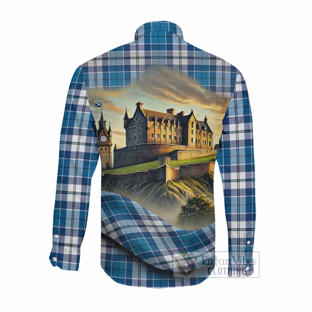 Hutton Tartan Family Crest Long Sleeve Button Shirt with Scottish Ancient Castle Style Men's Shirt - Tartan Vibes Clothing