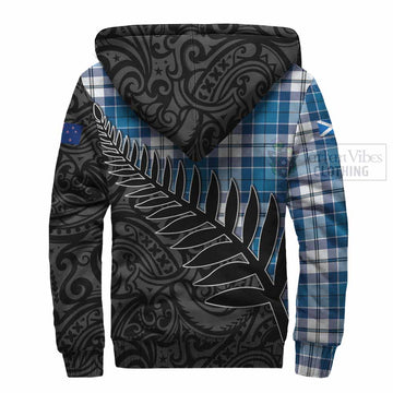 Hutton Crest Tartan Sherpa Hoodie with New Zealand Silver Fern Half Style - Tartan Vibes Clothing