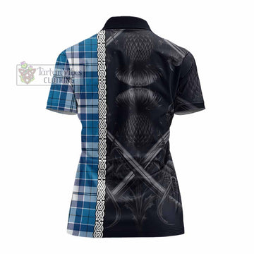 Hutton Tartan Women's Polo Shirt with Family Crest Cross Sword Thistle Celtic Vibes