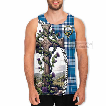 Hutton Tartan Men's Tank Top with Family Crest and St. Andrew's Cross Accented by Thistle Vines - Tartan Vibes Clothing