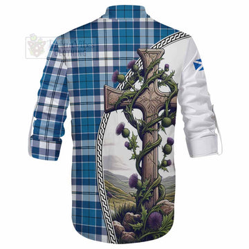 Hutton Tartan Ghillie Kilt Shirt with Family Crest and St. Andrew's Cross Accented by Thistle Vines - Tartan Vibes Clothing