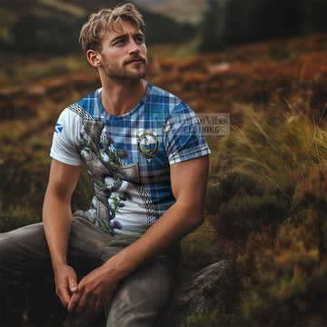 Hutton Tartan T-Shirt with Family Crest and St. Andrew's Cross Accented by Thistle Vines - Tartan Vibes Clothing
