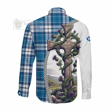 Hutton Tartan Long Sleeve Button Shirt with Family Crest and St. Andrew's Cross Accented by Thistle Vines Men's Shirt - Tartan Vibes Clothing