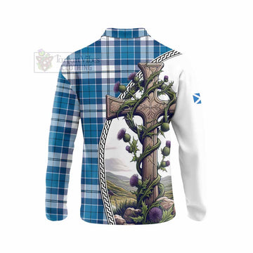 Hutton Tartan Long Sleeve Polo Shirt with Family Crest and St. Andrew's Cross Accented by Thistle Vines - Tartan Vibes Clothing