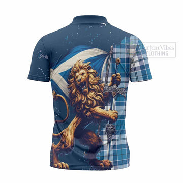 Hutton Tartan Family Crest Zipper Polo Shirt with Scottish Majestic Lion - Tartan Vibes Clothing