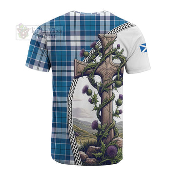 Hutton Tartan Cotton T-shirt with Family Crest and St. Andrew's Cross Accented by Thistle Vines - Tartan Vibes Clothing