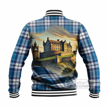 Hutton Tartan Family Crest Baseball Jacket with Scottish Ancient Castle Style - Tartan Vibes Clothing