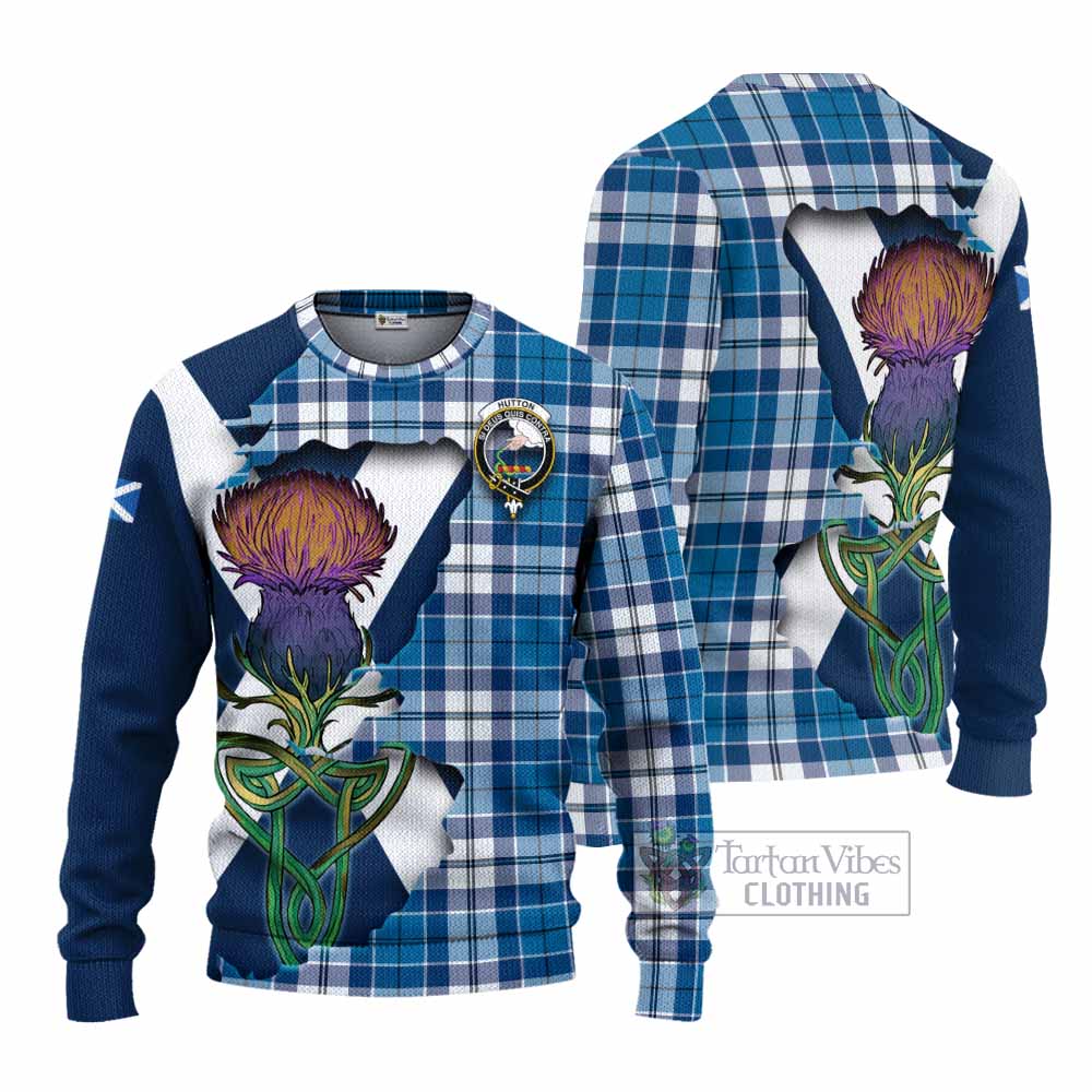 Hutton Tartan Family Crest Knitted Sweater Scottish Thistle Celtic Inspired - Tartan Vibes Clothing