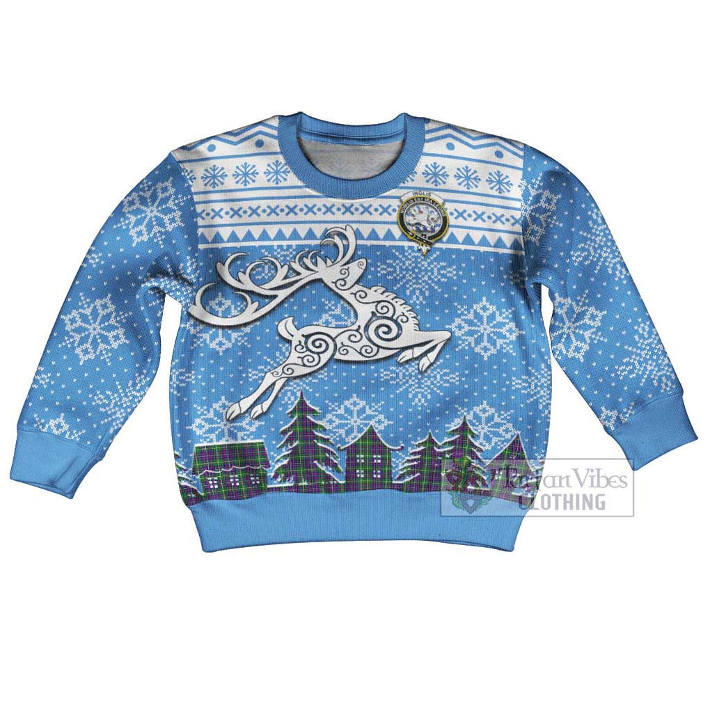 Tartan Vibes Clothing Inglis Clan Christmas Kid Ugly Sweater with Tartan and Celtic Raindeer Style