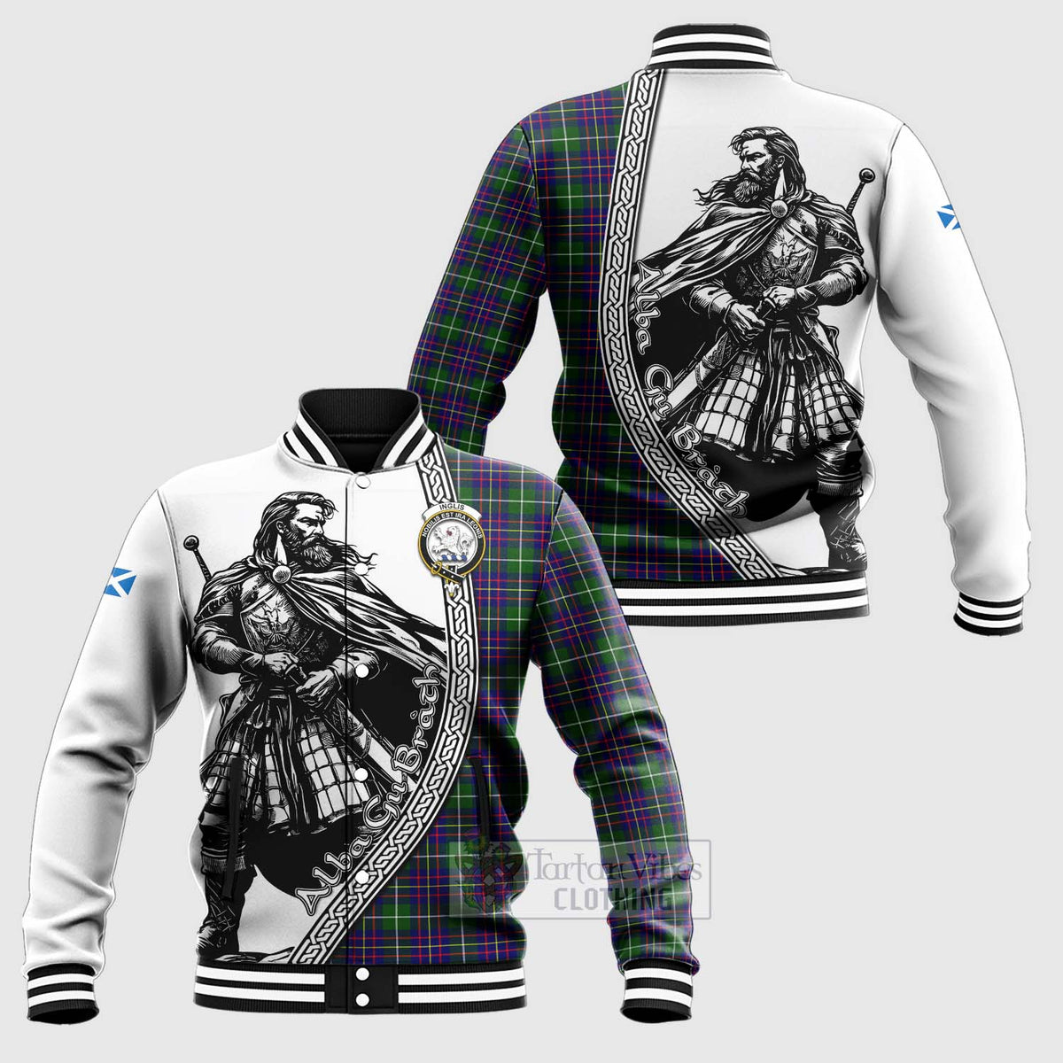 Inglis Tartan Clan Crest Baseball Jacket with Highlander Warrior Celtic Style Unisex - Tartan Vibes Clothing