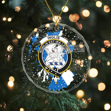 Inglis Clan Crest Christmas Glass Ornament with Scotland Map