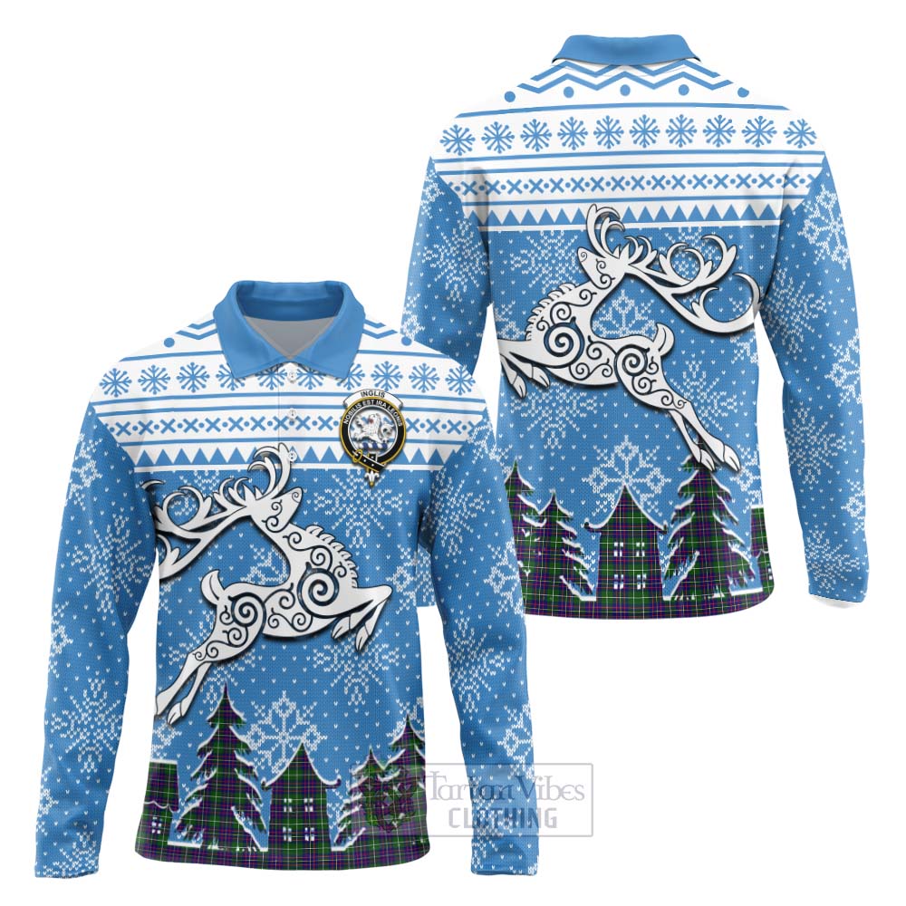 Tartan Vibes Clothing Inglis Clan Christmas Long Sleeve Polo Shirt Celtic Reindeer Style