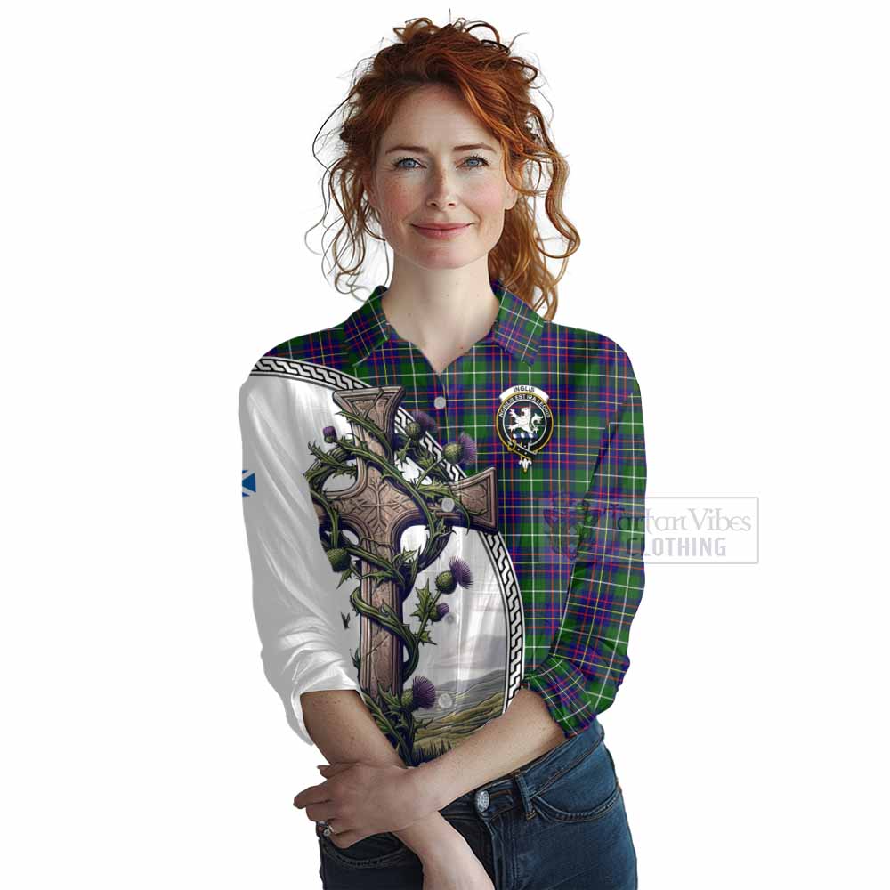 Tartan Vibes Clothing Inglis Tartan Women's Casual Shirt with Family Crest and St. Andrew's Cross Accented by Thistle Vines