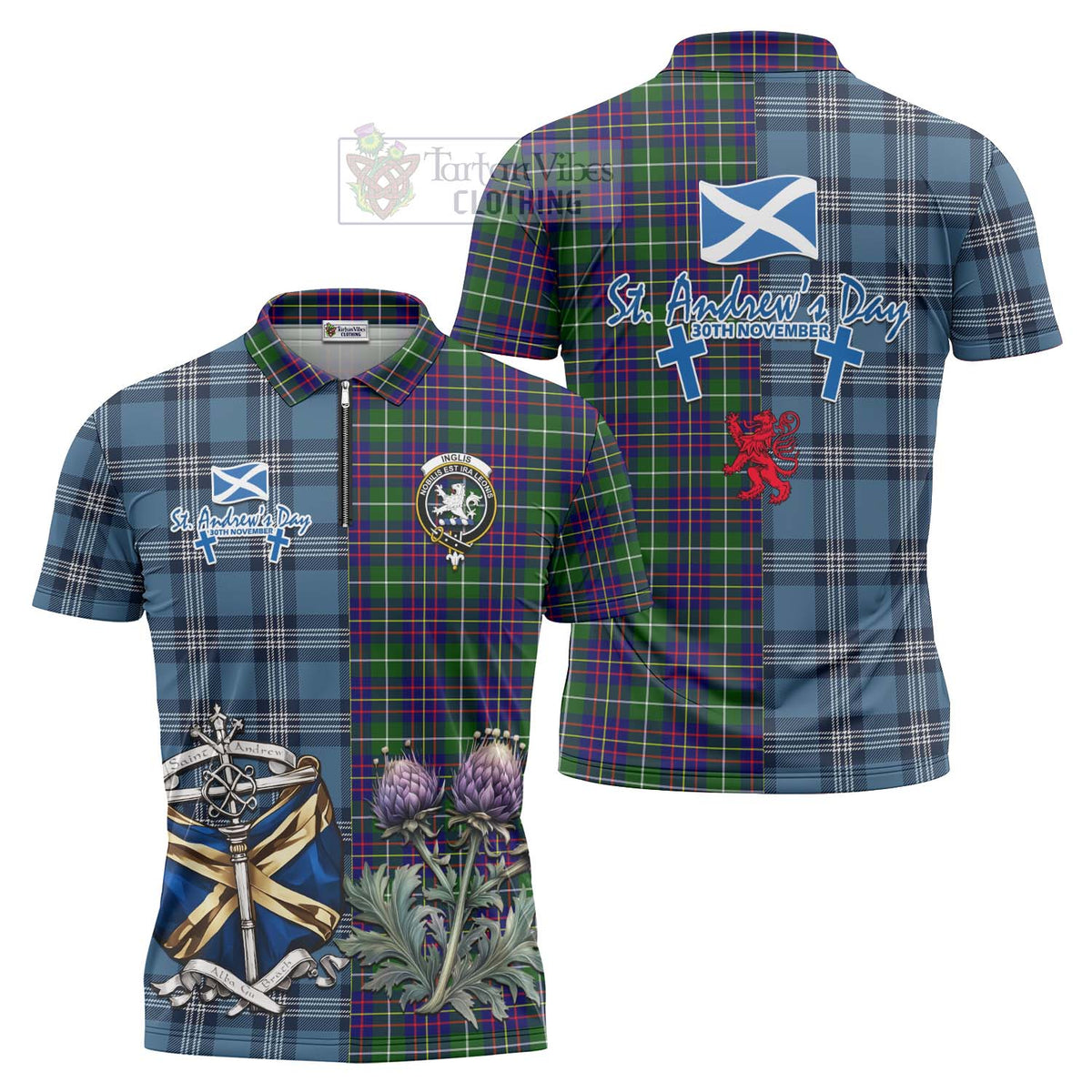 Inglis Tartan Zipper Polo Shirt Happy St. Andrew's Day Half Tartan Style Unisex - Tartan Vibes Clothing