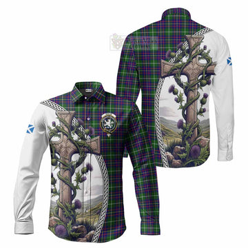 Inglis Tartan Long Sleeve Button Shirt with Family Crest and St. Andrew's Cross Accented by Thistle Vines Men's Shirt S - Tartan Vibes Clothing