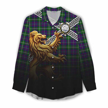 Inglis Crest Tartan Women's Casual Shirt with Golden Lion Emblem Celtic Style Female - Tartan Vibes Clothing
