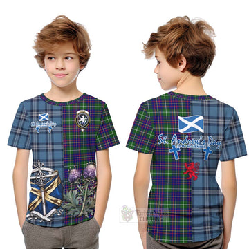 Inglis Tartan Kid T-Shirt Happy St. Andrew's Day Half Tartan Style Youth XL Size14 - Tartan Vibes Clothing