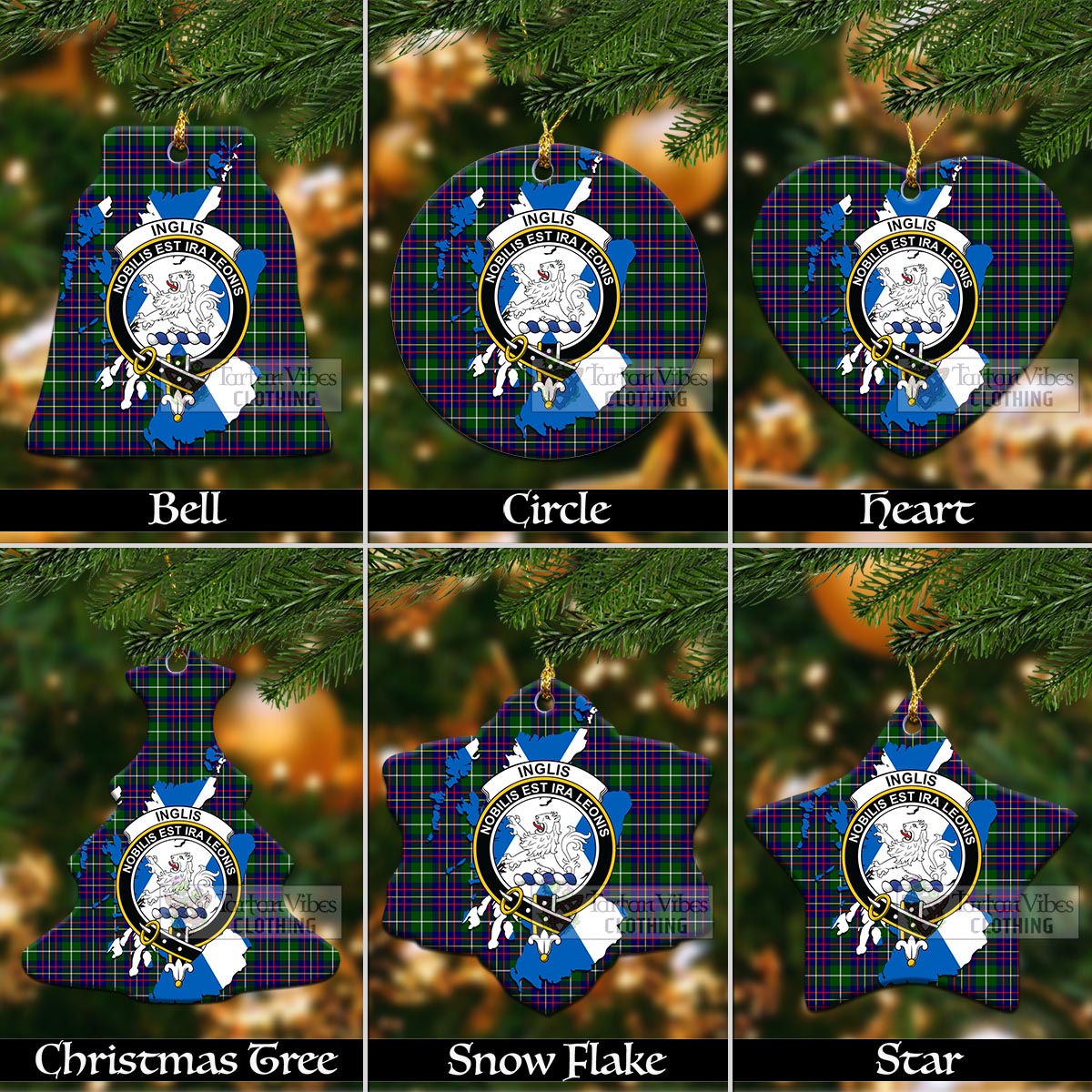 Tartan Vibes Clothing Inglis Tartan Christmas Ornament with Family Crest and Scotland Map