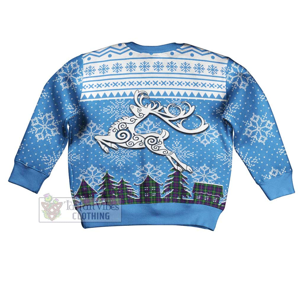 Tartan Vibes Clothing Inglis Clan Christmas Kid Ugly Sweater with Tartan and Celtic Raindeer Style