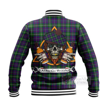 Inglis Tartan Baseball Jacket with Family Crest and Bearded Skull Holding Bottles of Whiskey - Tartan Vibes Clothing