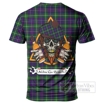 Inglis Tartan T-Shirt with Family Crest and Bearded Skull Holding Bottles of Whiskey - Tartan Vibes Clothing