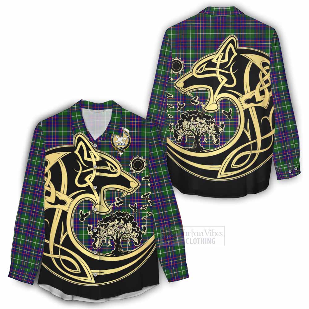 Tartan Vibes Clothing Inglis Tartan Women's Casual Shirt with Family Crest Celtic Wolf Style