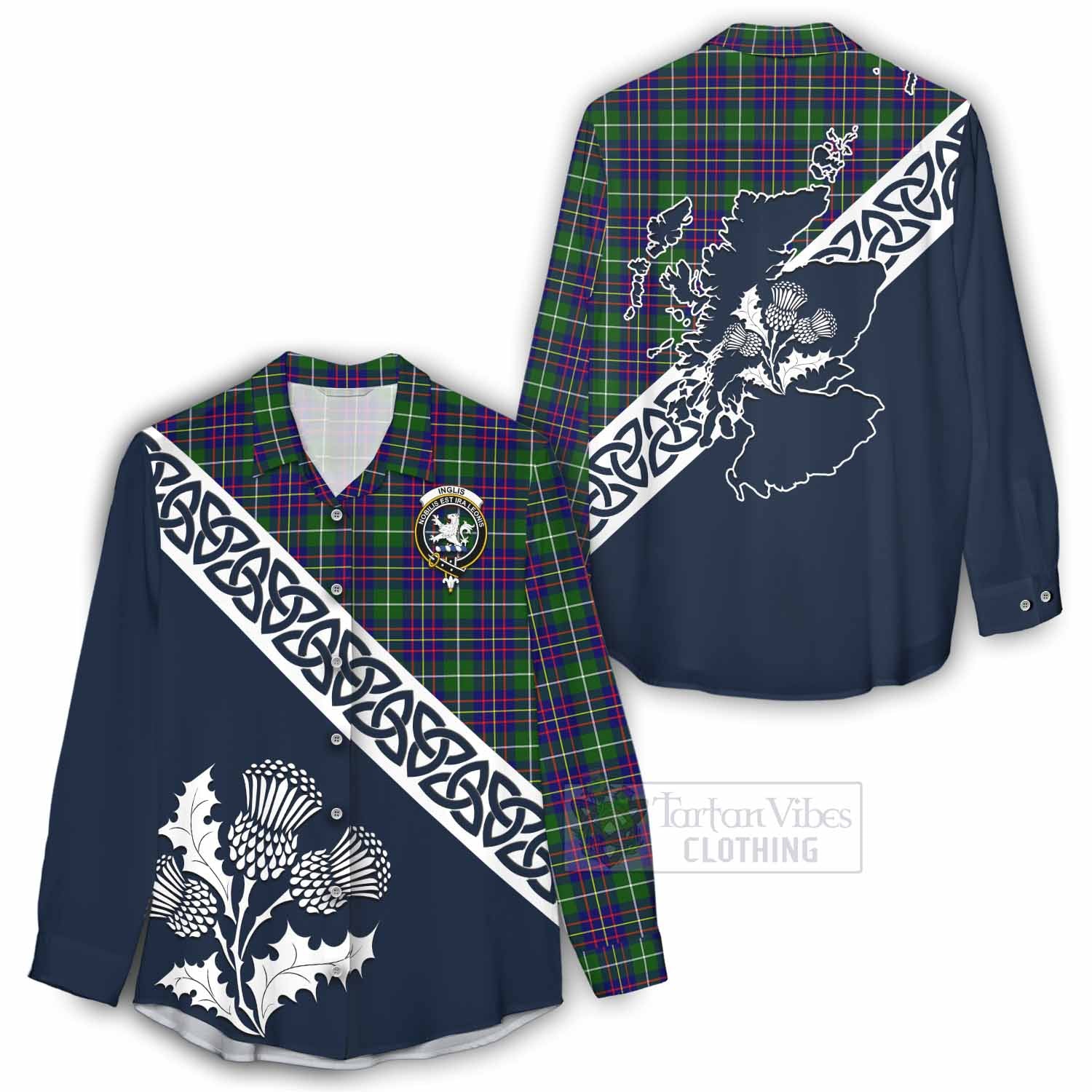 Tartan Vibes Clothing Inglis Tartan Women's Casual Shirt Featuring Thistle and Scotland Map