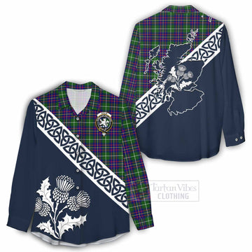 Inglis Tartan Women's Casual Shirt Featuring Thistle and Scotland Map