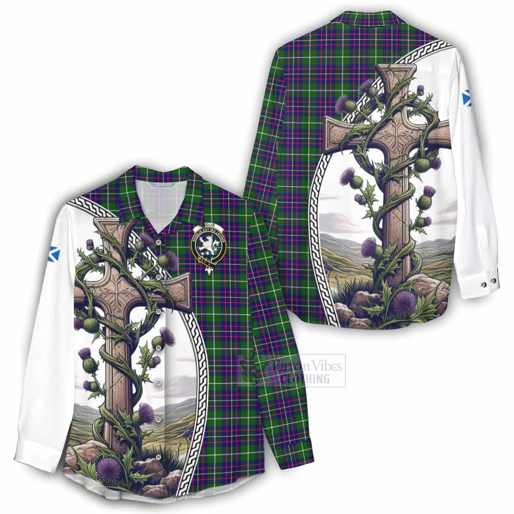 Tartan Vibes Clothing Inglis Tartan Women's Casual Shirt with Family Crest and St. Andrew's Cross Accented by Thistle Vines