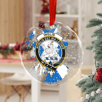 Inglis Clan Crest Christmas Glass Ornament with Scotland Map