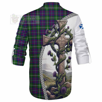 Inglis Tartan Ghillie Kilt Shirt with Family Crest and St. Andrew's Cross Accented by Thistle Vines - Tartan Vibes Clothing