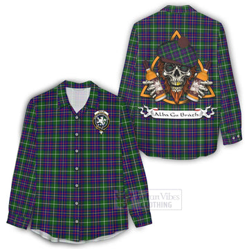 Inglis Tartan Women's Casual Shirt with Family Crest and Bearded Skull Holding Bottles of Whiskey