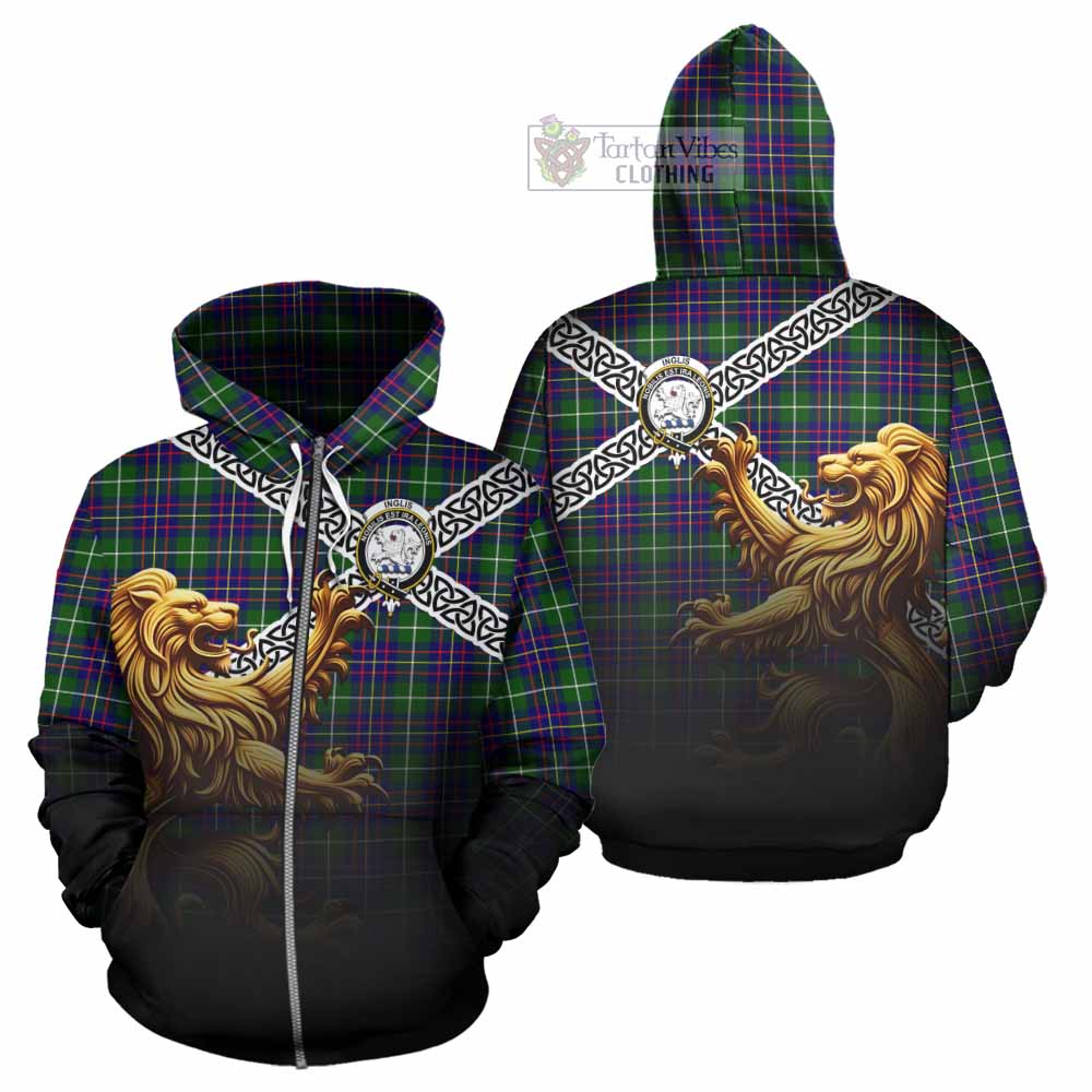 Inglis Crest Tartan Hoodie with Golden Lion Emblem Celtic Style Zip Hoodie - Tartan Vibes Clothing