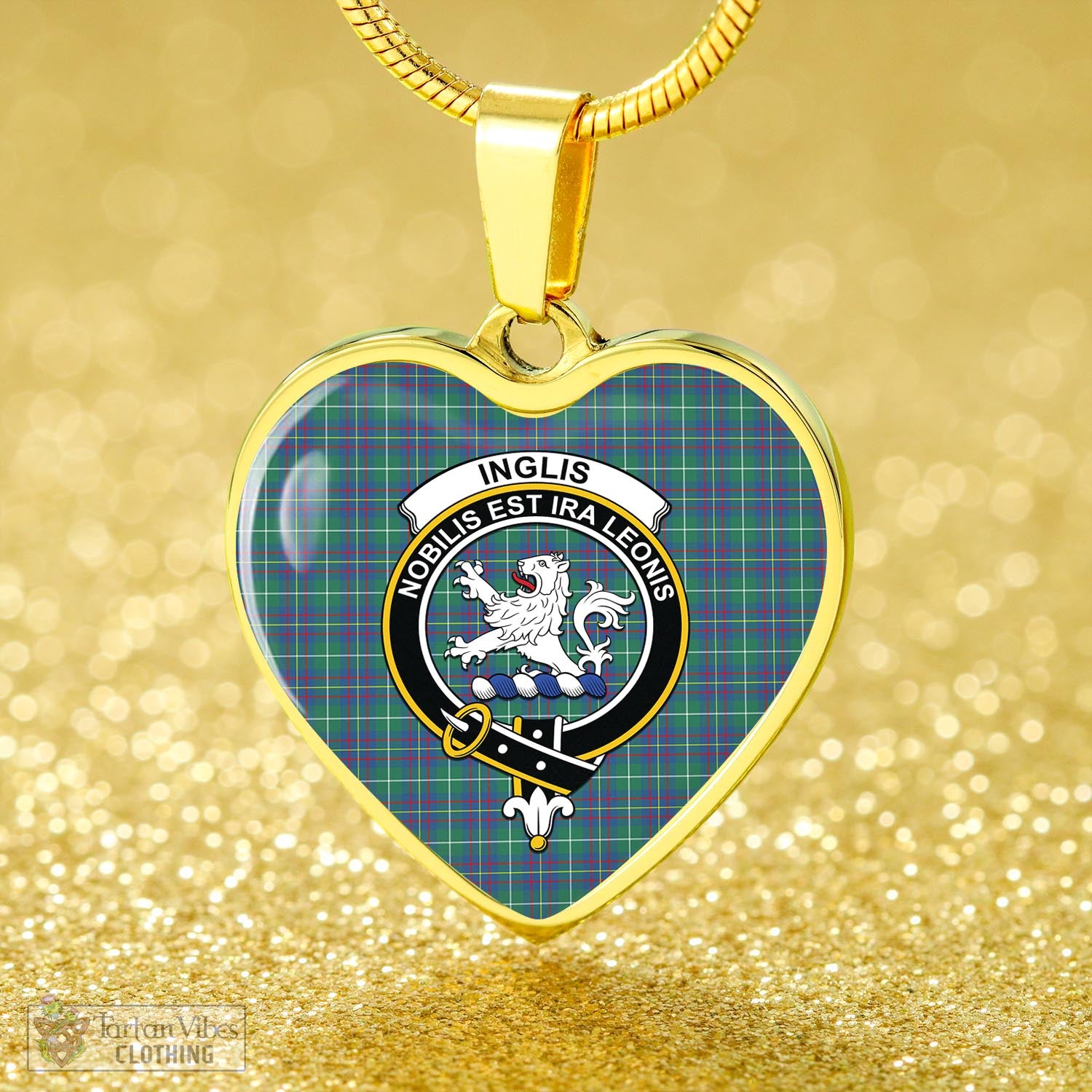 Tartan Vibes Clothing Inglis Ancient Tartan Heart Necklace with Family Crest