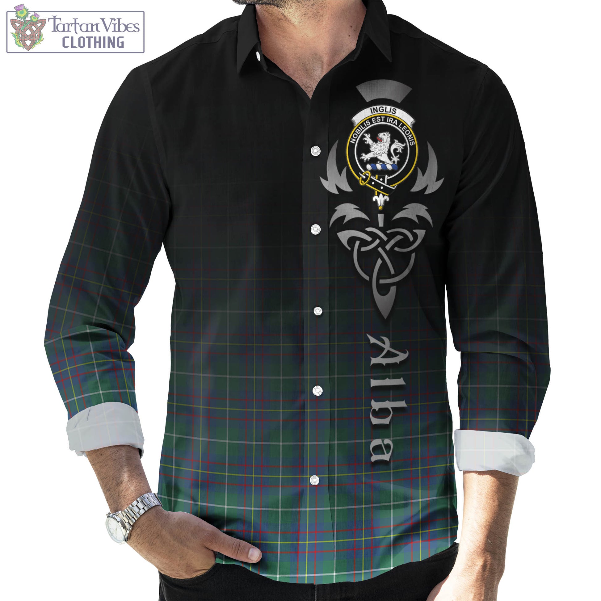 Tartan Vibes Clothing Inglis Ancient Tartan Long Sleeve Button Up Featuring Alba Gu Brath Family Crest Celtic Inspired