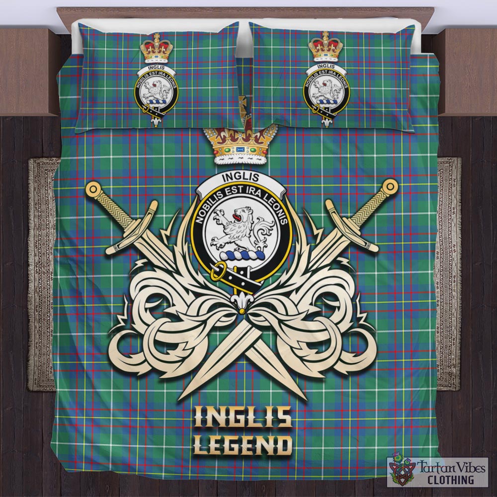 Tartan Vibes Clothing Inglis Ancient Tartan Bedding Set with Clan Crest and the Golden Sword of Courageous Legacy