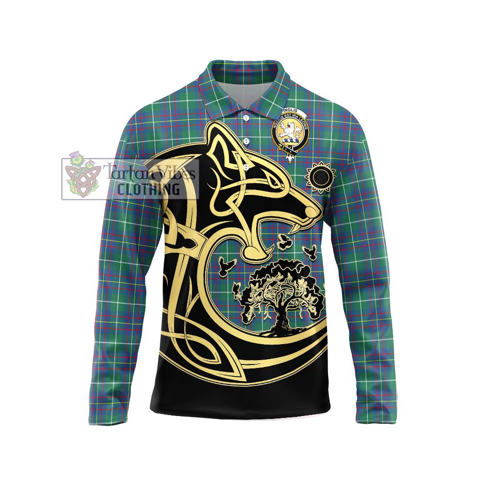 Inglis Ancient Tartan Long Sleeve Polo Shirt with Family Crest Celtic Wolf Style Unisex - Tartanvibesclothing Shop