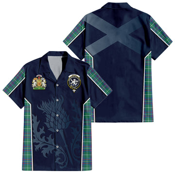 Inglis Ancient Tartan Short Sleeve Button Up Shirt with Family Crest and Scottish Thistle Vibes Sport Style