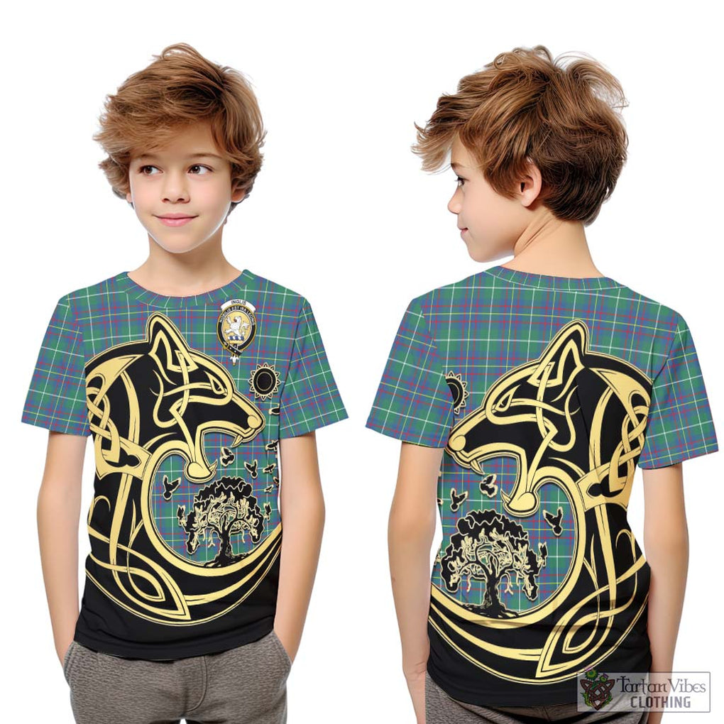 Inglis Ancient Tartan Kid T-Shirt with Family Crest Celtic Wolf Style Youth XL Size14 - Tartan Vibes Clothing