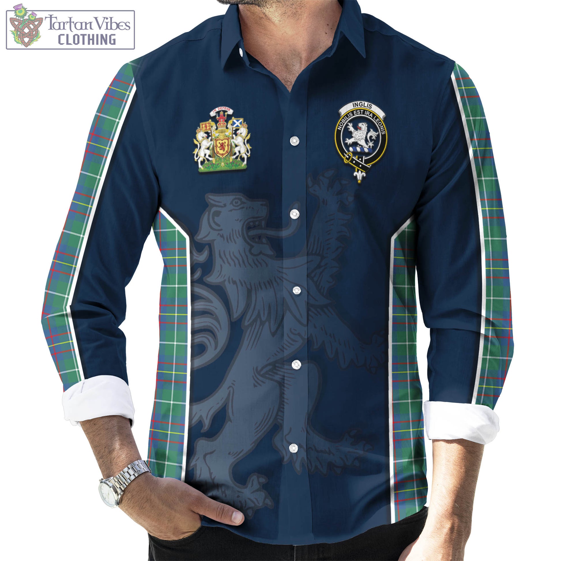 Tartan Vibes Clothing Inglis Ancient Tartan Long Sleeve Button Up Shirt with Family Crest and Lion Rampant Vibes Sport Style