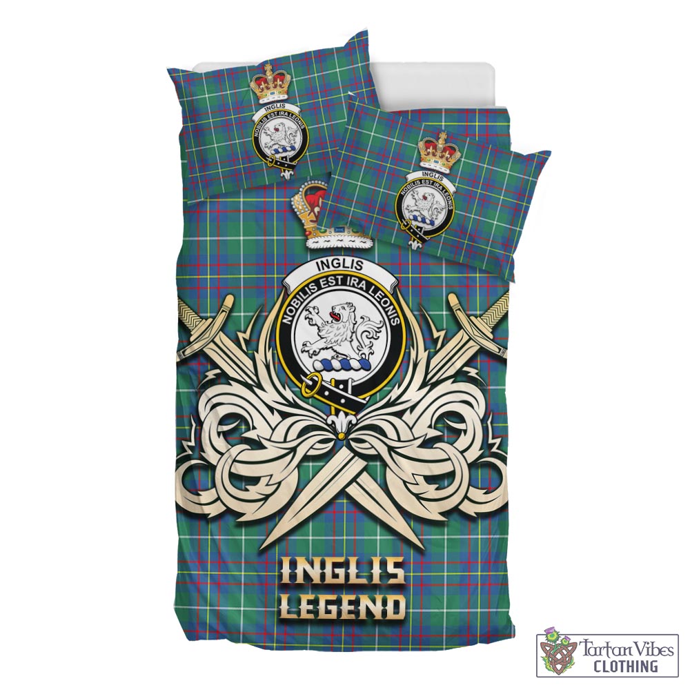 Tartan Vibes Clothing Inglis Ancient Tartan Bedding Set with Clan Crest and the Golden Sword of Courageous Legacy