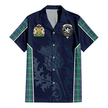 Inglis Ancient Tartan Short Sleeve Button Up Shirt with Family Crest and Scottish Thistle Vibes Sport Style