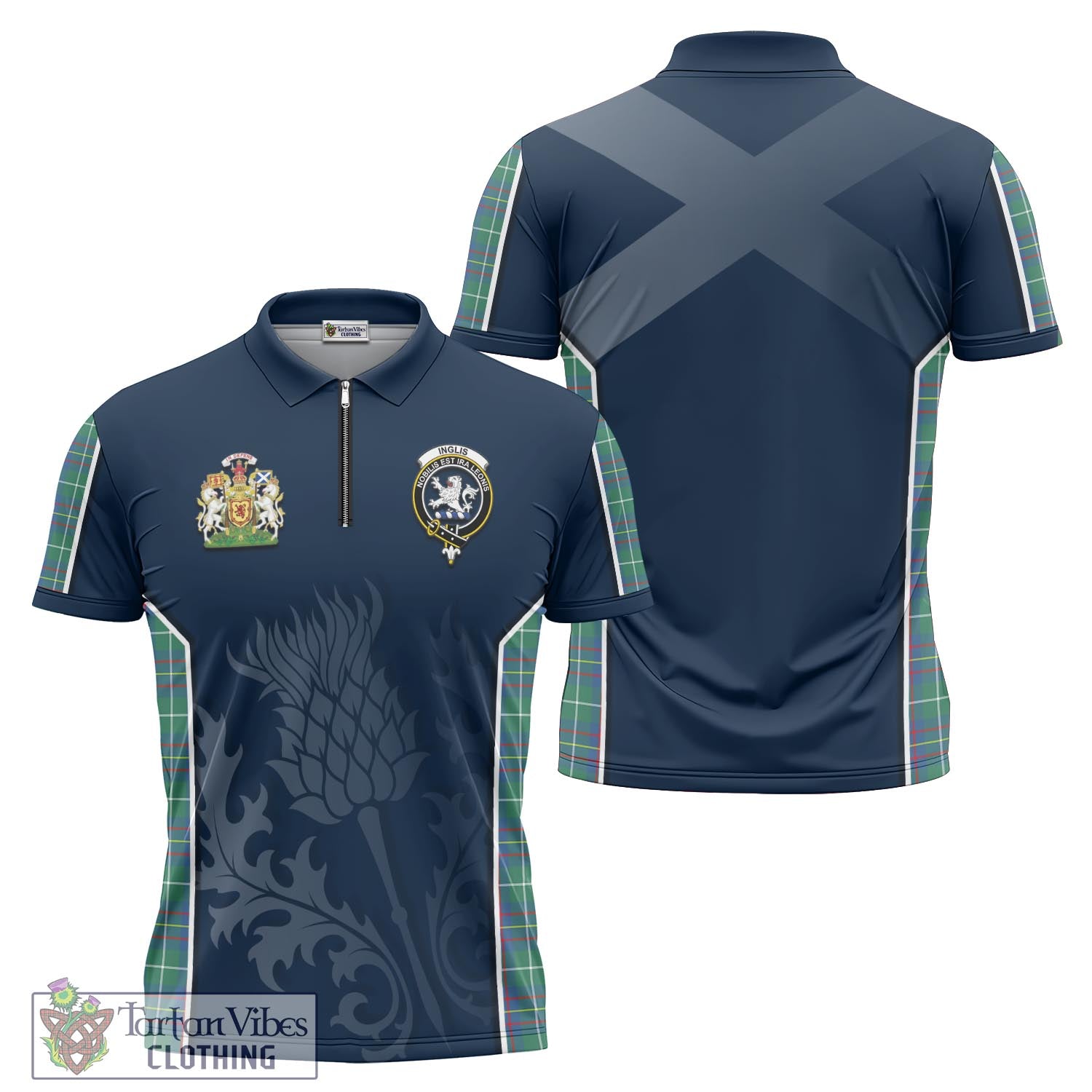 Tartan Vibes Clothing Inglis Ancient Tartan Zipper Polo Shirt with Family Crest and Scottish Thistle Vibes Sport Style