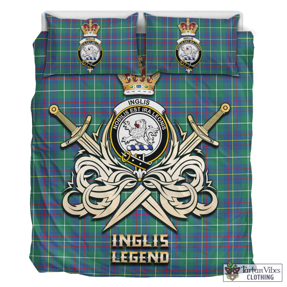 Tartan Vibes Clothing Inglis Ancient Tartan Bedding Set with Clan Crest and the Golden Sword of Courageous Legacy