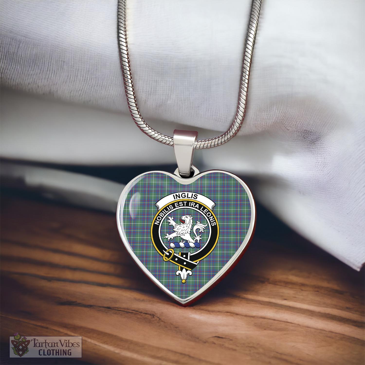 Tartan Vibes Clothing Inglis Ancient Tartan Heart Necklace with Family Crest